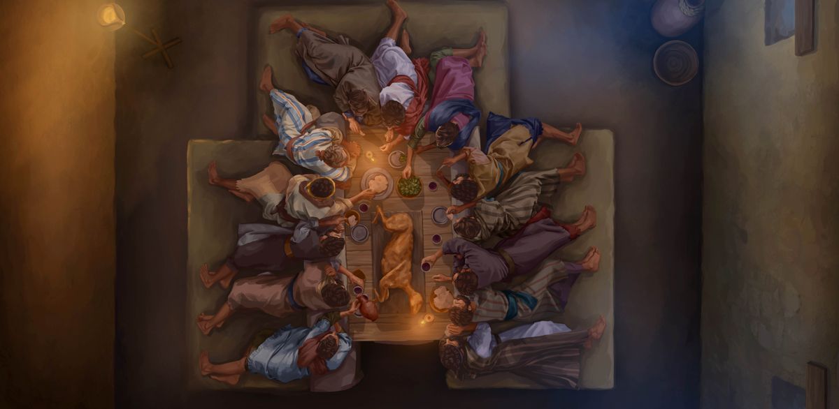 A bird’s-eye view of Jesus and his 12 apostles reclining at a table and eating the Passover meal.