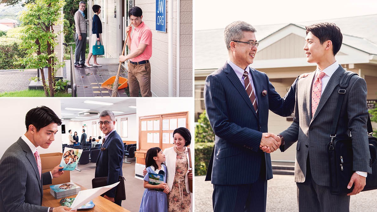 An elder commends a ministerial servant for doing Kingdom Hall maintenance and working at the literature counter