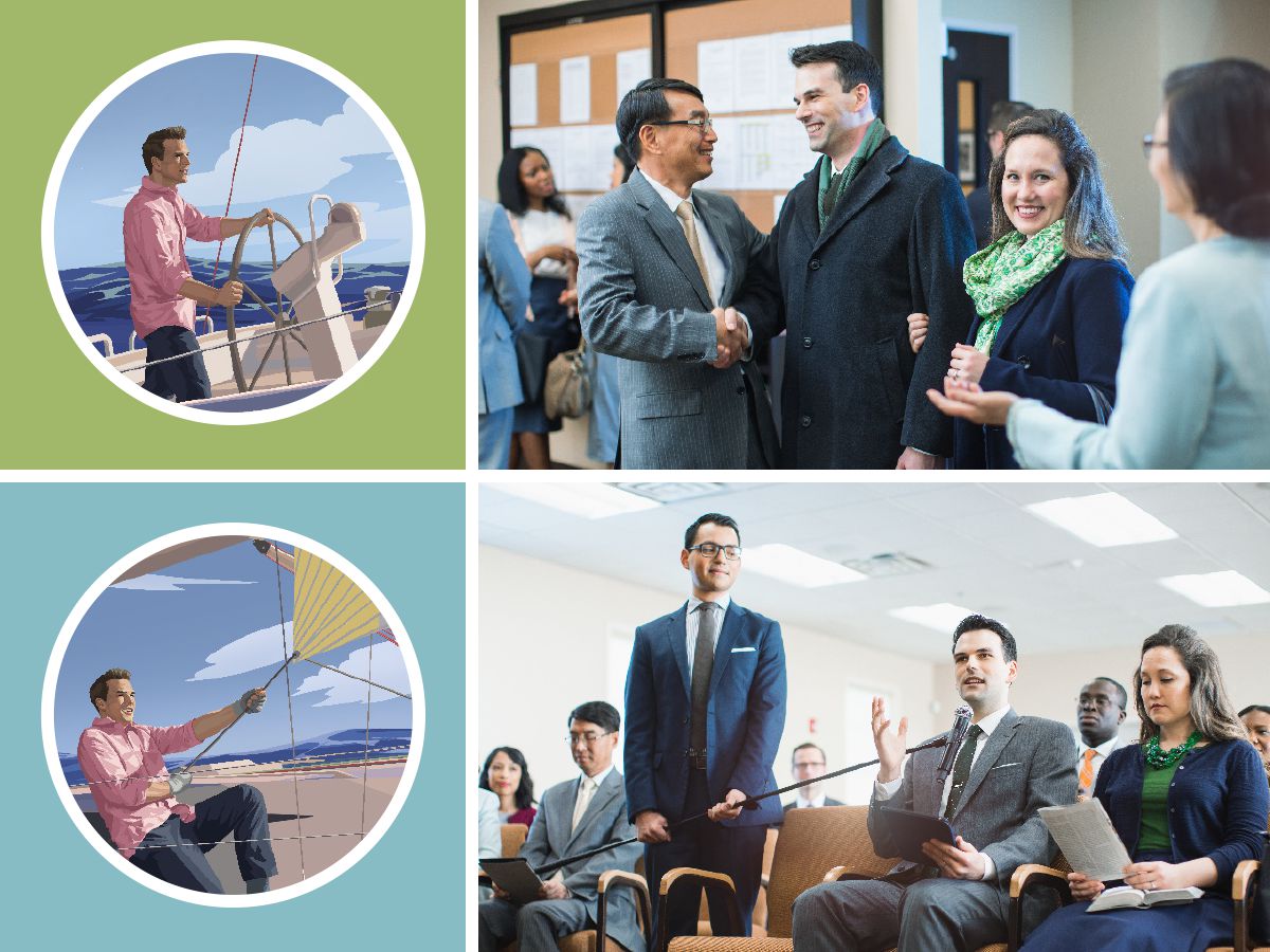 Four scenes comparing sailing with sharing in spiritual activities. 1. A brother steers his boat in the path of the wind. 2. The brother and his wife arrive at the Kingdom Hall. 3. The brother adjusts his sail to match the wind. 4. The brother comments at the meeting.
