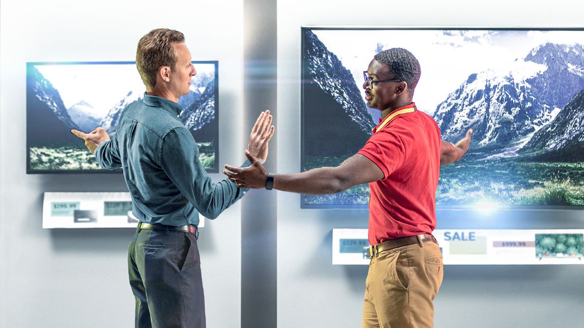 A brother resists a salesman’s persuasion to buy a large and expensive television