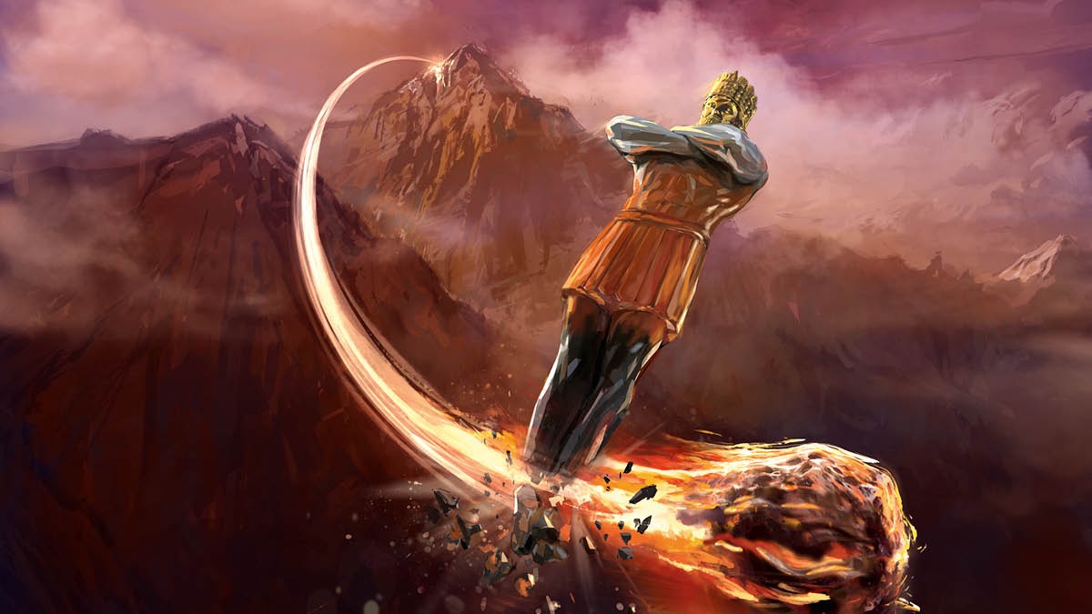 A stone coming down from a mountain strikes the feet of a giant metal statue.