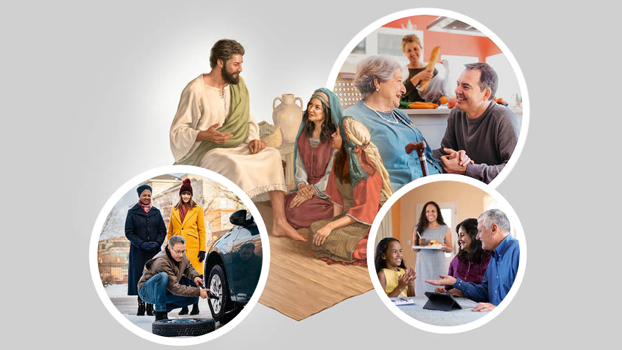 Jesus sitting down while teaching. Martha and Mary sit at his feet and listen to him. Collage: 1. A couple visit an infirm older sister at her home. The husband speaks with her as his wife puts away groceries. 2. A couple enjoy family worship with a sister and her young daughter. 3. A brother helps two sisters by changing a tire on their car.