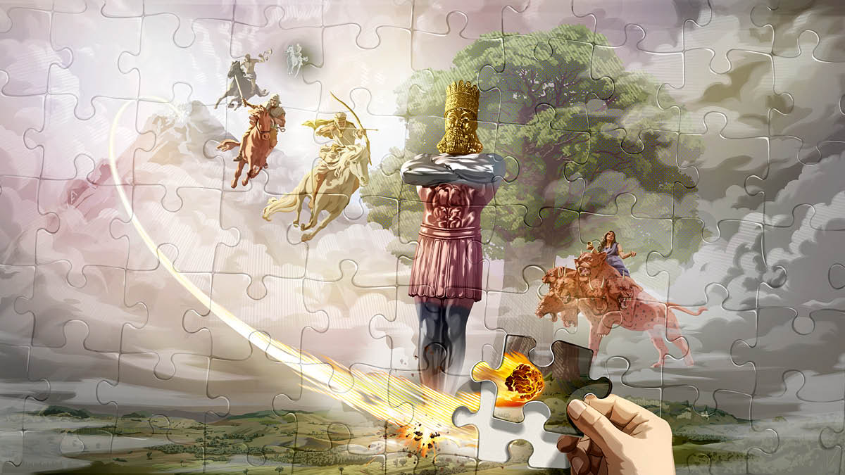 Someone putting in the last piece of a jigsaw puzzle. The puzzle piece depicts a stone after it has struck a giant metal statue. The jigsaw puzzle illustrates various prophecies from the Bible books of Daniel and Revelation. 1. A stone hurtles down from a mountain and strikes the feet of a giant metal statue. 2. A large tree. 3. Four galloping horses and their riders. 4. A prostitute sits on top of a scarlet-colored wild beast.