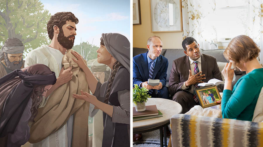 Collage: 1. Jesus weeps along with other mourners, including Mary and Martha. 2. Two elders comfort a grieving sister who has lost a member of her family in death.