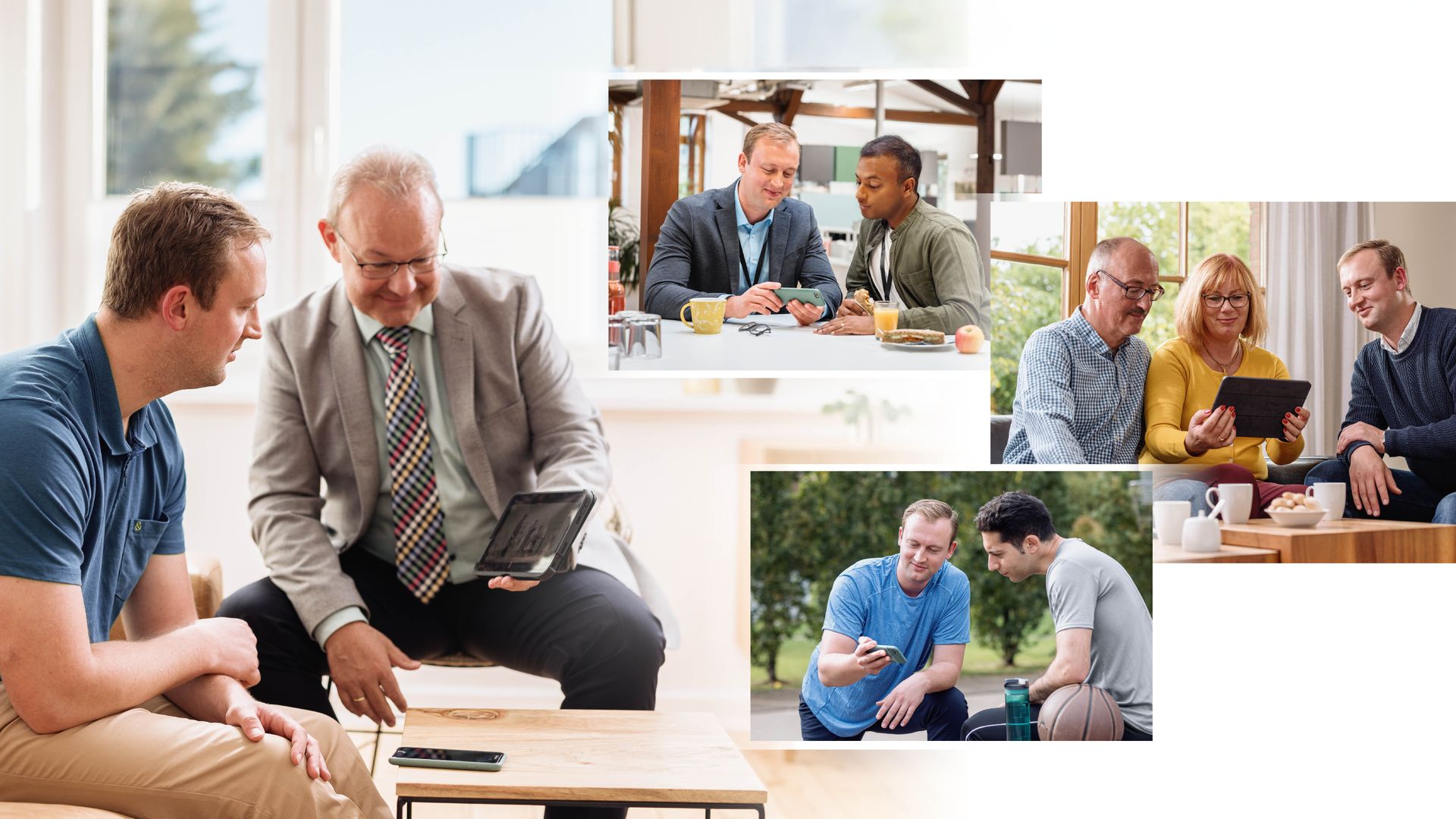 A brother using the book “Enjoy Life Forever!” to study the Bible with a man. Collage: The man shares what he is learning with others. 1. With a coworker. 2. With family members. 3. With a friend.