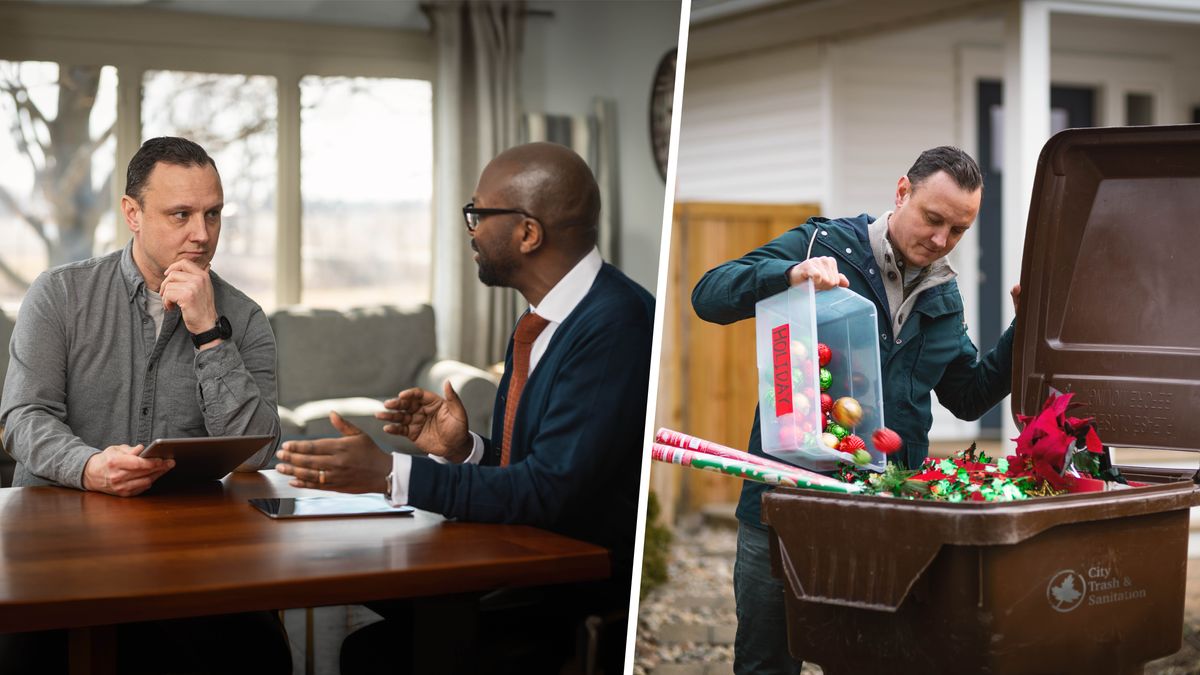 Collage: 1. A brother reasons on a scripture with a man during their Bible study. 2. The man dumps his Christmas decorations into a trash can.
