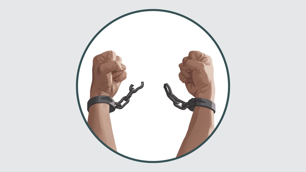 Hands breaking free from handcuffs.
