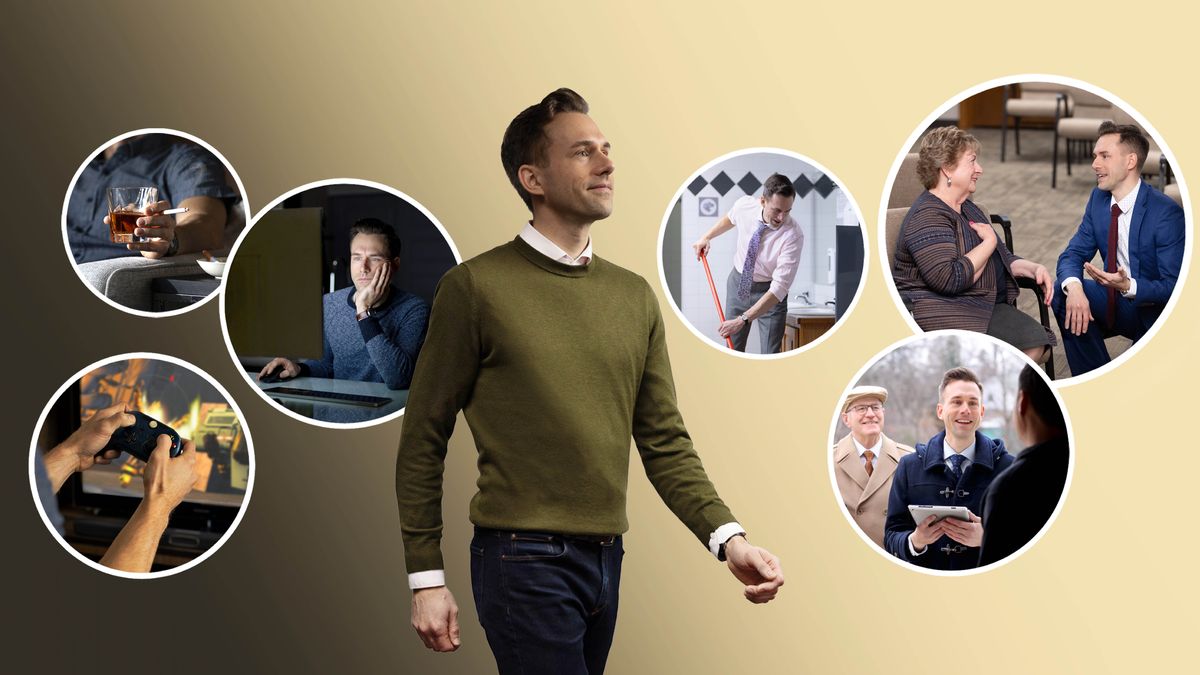 A brother walking confidently. Collage: Scenes contrasting what he used to do with what he is doing now. Mistakes he made in the past: 1. Played violent video games. 2. Overdrank and smoked. 3. Viewed inappropriate content on his computer. What he is doing now: 1. Cleaning the Kingdom Hall. 2. Talking with an elderly sister. 3. Participating in the field ministry.