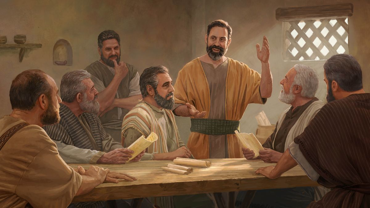 James speaking with some of the apostles and older men in Jerusalem. Two of the brothers have scrolls open as they listen.