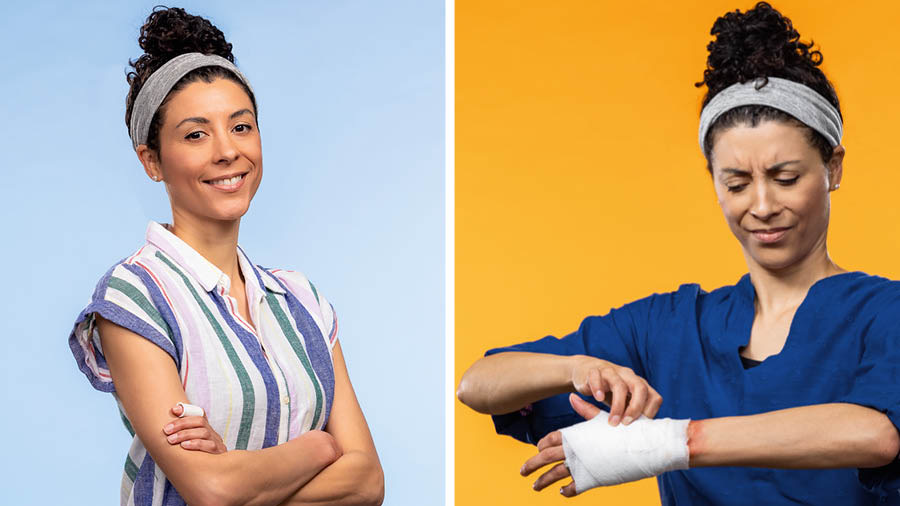 Ensemble d’illustrations : 1) Une sœur a un pansement au doigt, mais elle sourit. 2) La sœur fronce les sourcils en touchant sa main bandée.