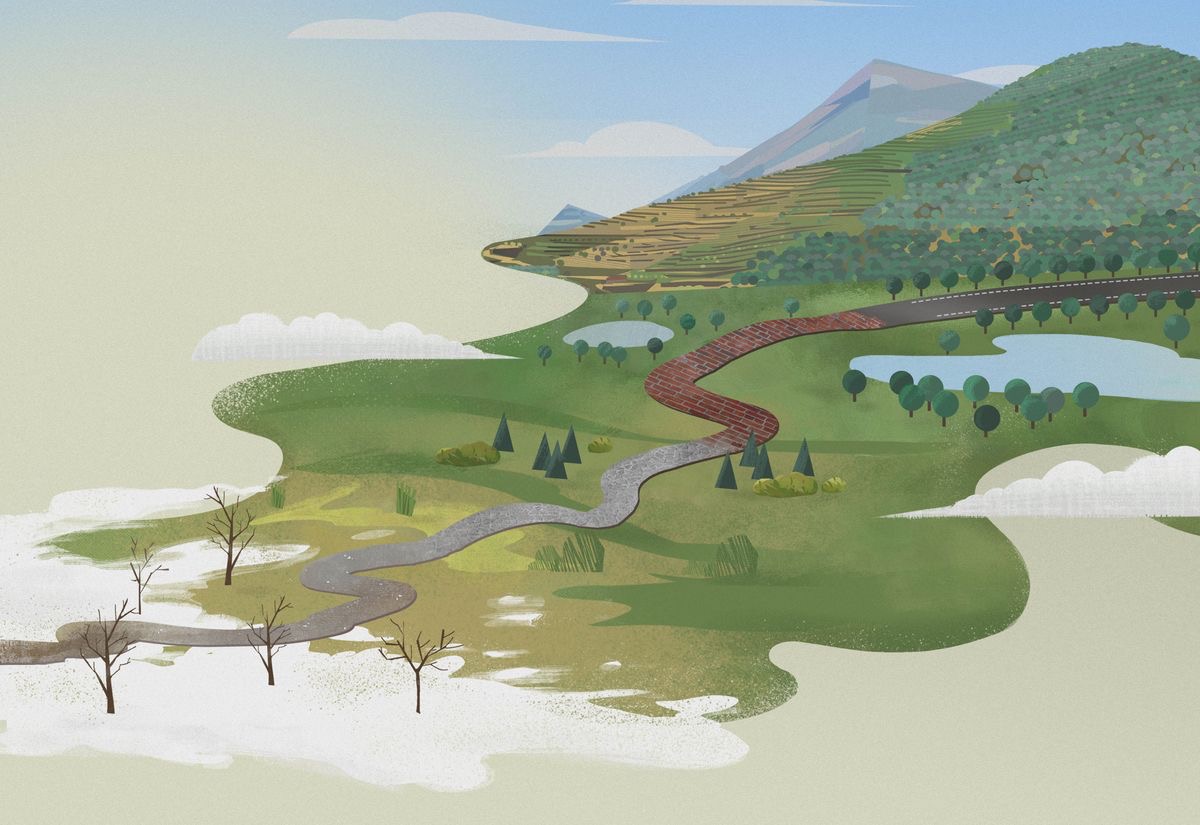 Une route devient de plus en plus praticable et droite ; elle est bordée d’une végétation de plus en plus saine et luxuriante.