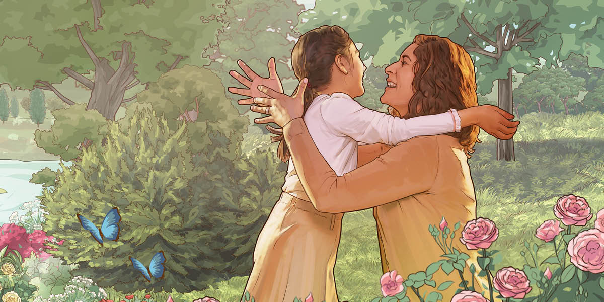 A mother embracing her resurrected daughter in Paradise.