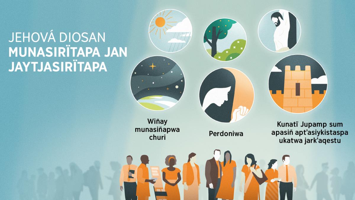 Walja jaqenak taypinjja, Jehová Diosan servirinakapaw qhan uñjasi. Dibujonaka: Jehová Diosan munasirïtapa jan jaytjasirïtapa. 1. Wiñay munasiñapa, ukamp chikajja oraqempi warawaranakamp phoqantata alajjpachampiw uñjasi. 2. Perdonirïtapa, ukamp chikajja mä kullakan orasiskatapaw uñjasi. 3. Kunatï Jupamp sum apasiñ aptʼasiykistaspa ukat jarkʼaqerïtapa, ukamp chikajja mä jan mantkay murallaw uñjasi. Jukʼamp alayanjja, Jehová Diosan taqe jaqenakar munasitapaw uñachtʼayasi. 4. Inti qhanampi jallumpi. 5. Panqaranakampi plantanakampi qoqanakampi. 6. Jesusan jiwas layku jiwatapa.