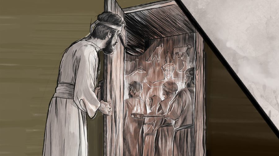 Һизгијал мәбәдин ичәри һәјәтиндә ағсаггалларын диварда ојма рәсмләрлә тәсвир олунан јалан аллаһлара бухур тәгдим етдијини ҝөрүр.