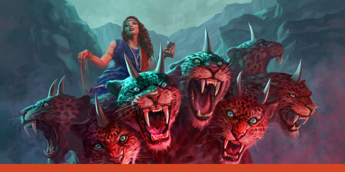 Бөјүк фаһишә једдибашлы, онбујнузлу, ал-гырмызы рәнҝли вәһши һејванын белиндә отуруб.