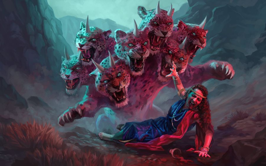 Једдибашлы, онбујнузлу, ал-гырмызы рәнҝли вәһши һејван бөјүк фаһишәјә һүҹум едир.