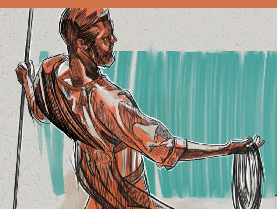 Ҝөрүнүшү мисә бәнзәјән мәләјин әлиндә кәтан ип вә өлчү чубуғу вар.