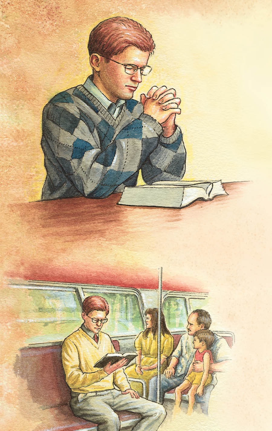 Bir oğlan Müqəddəs Kitabı oxumazdan qabaq dua edir