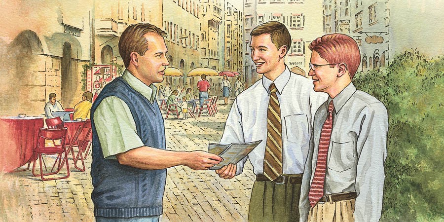 İki Yehovanın Şahidi kişiyə təbliğ edir