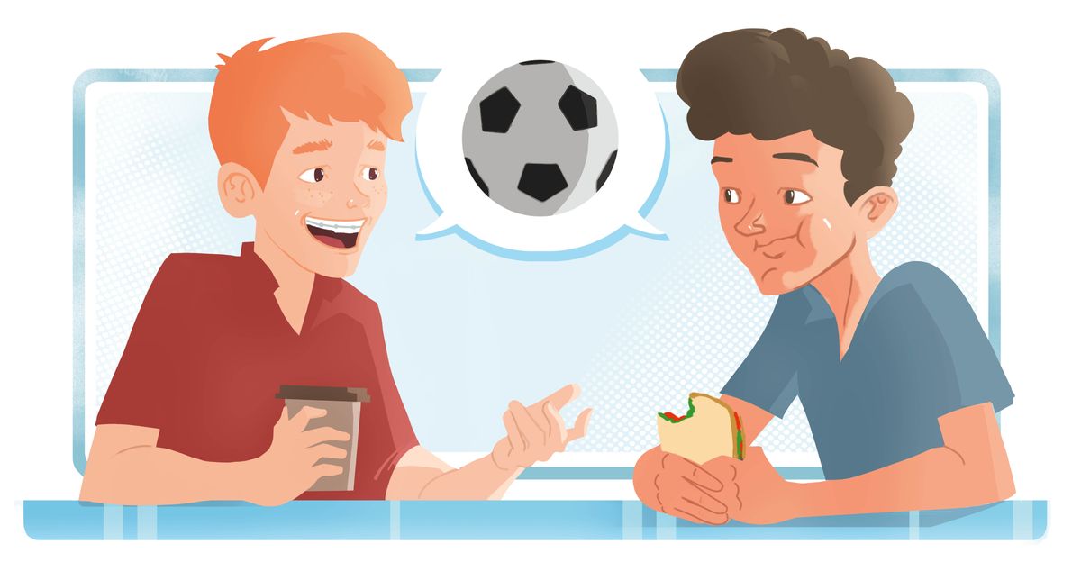 İki yeniyetmə oğlan nahar zamanı söhbət edir. Yuxarıdakı nitq balonunda futbol topu göstərilib.