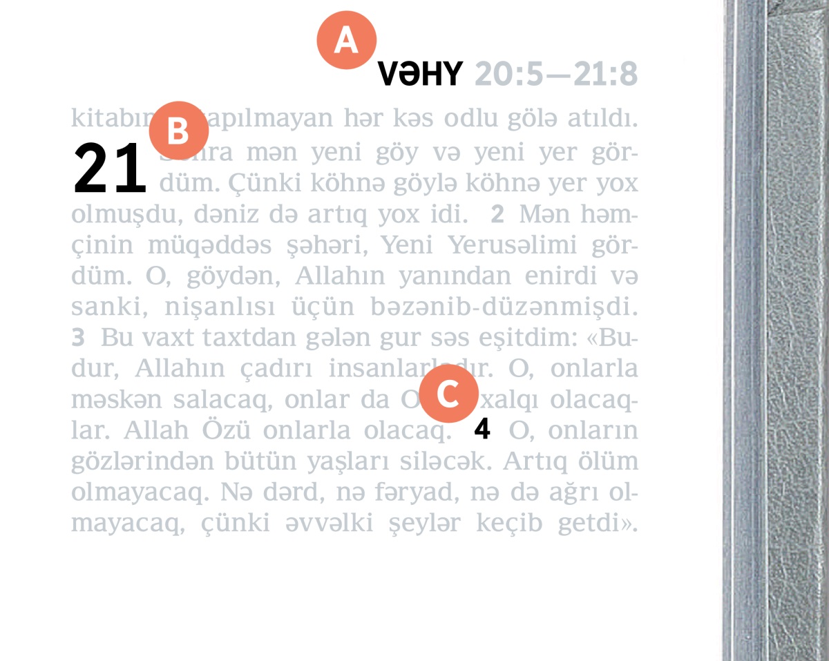 Müqəddəs Kitabın səhifəsindəki məqamları göstərən A, B və C hərfləri.