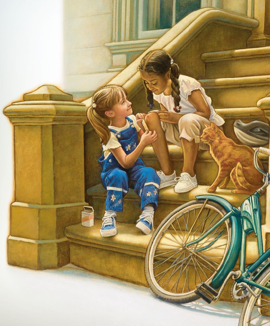 Qızcığaz fərqli irqdən olan başqa qızın yaralanmış dizini sarıyır