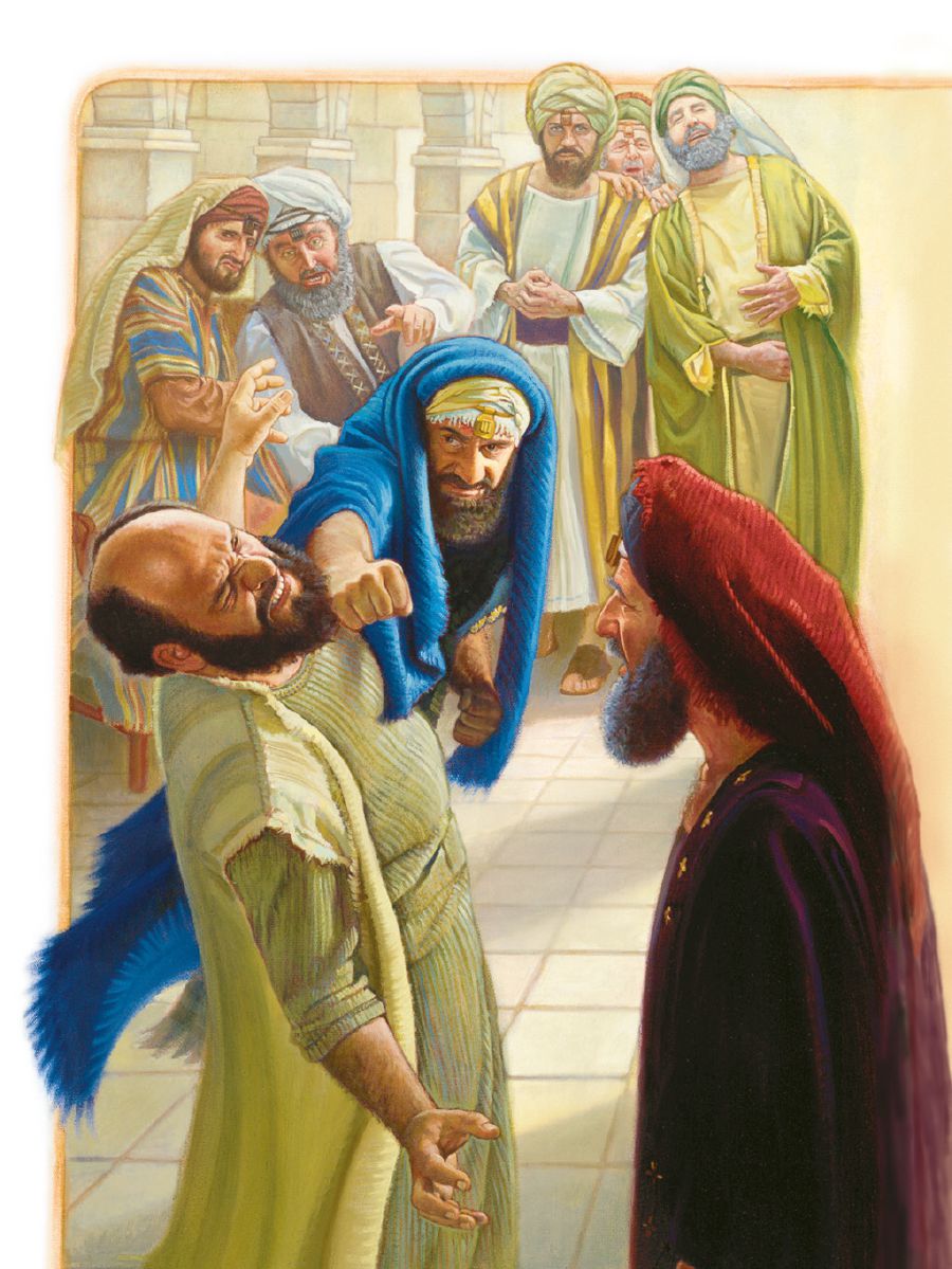 Baş kahin Hananya Peterin üzündən vurmağı əmr edir