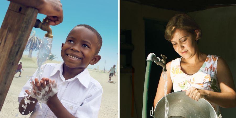 Oğlan əllərini yuyur; qadın vedrəni yuyur