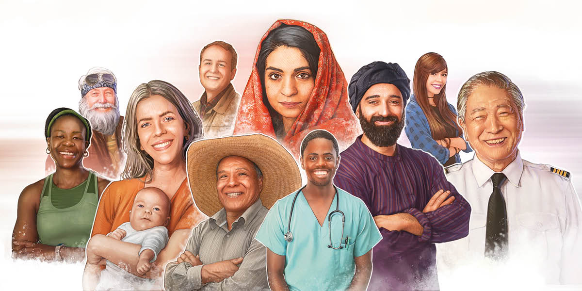 Müxtəlif yaşdan, irqdən, peşə sahiblərindən və mədəniyyətdən olan xoşbəxt insanlar