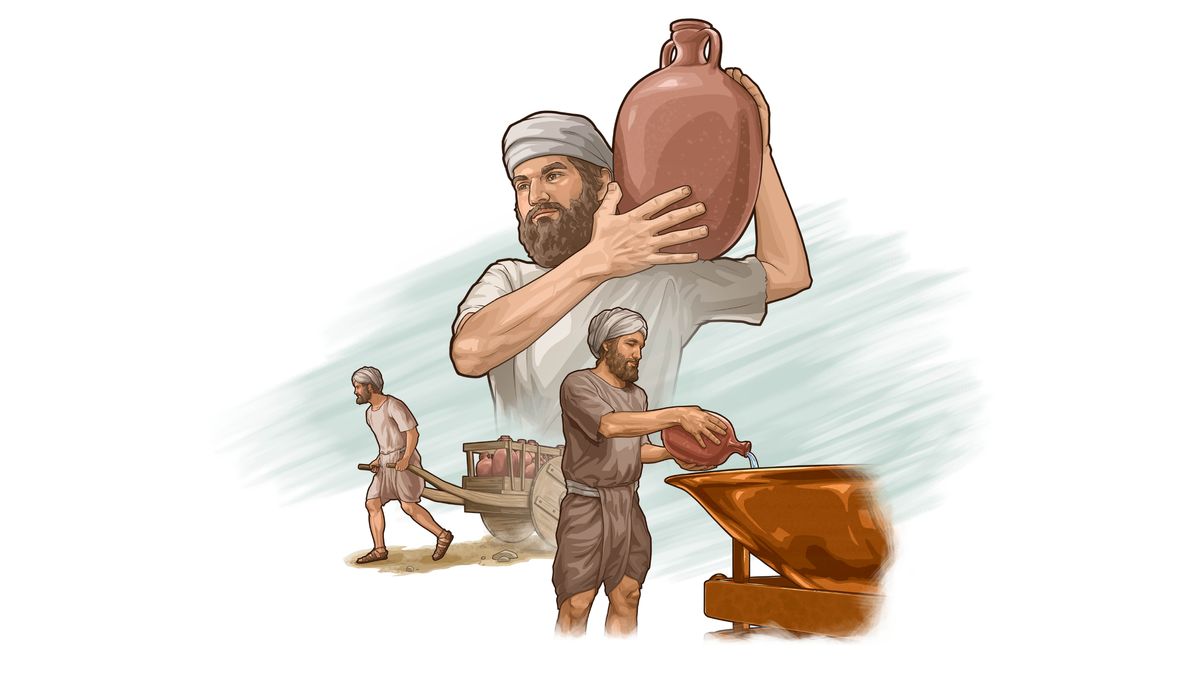 Şəkillər: Lavililər müxtəlif işlər görürlər. 1) Bir lavili saxsı qabdan mis çənə su boşaldır. 2) Bir lavili saxsı qablarla dolu arabanı dartır. 3) Bir lavili saxsı qab daşıyır.