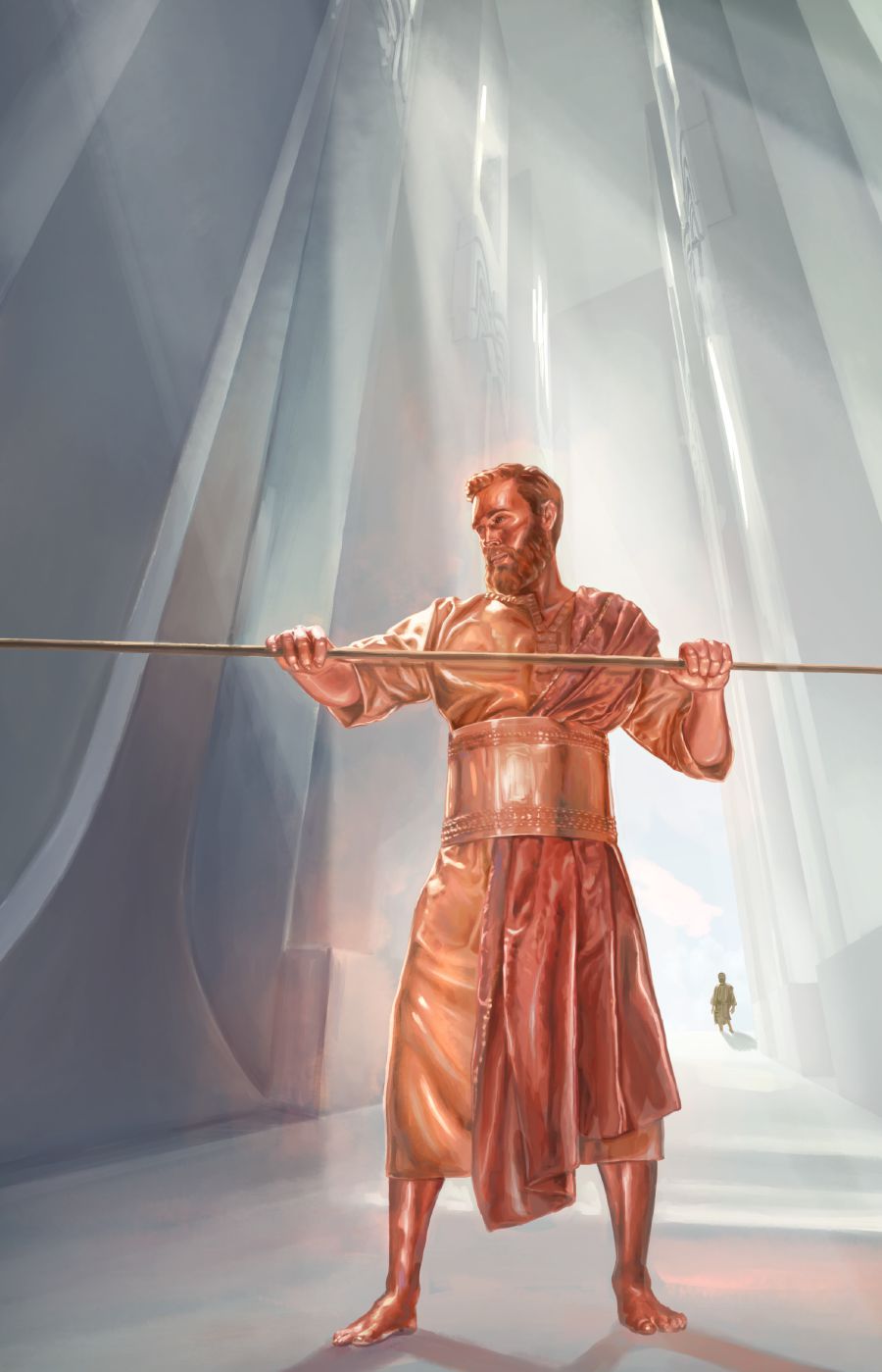 Hizqiyal görkəmi misə bənzəyən kişinin məbədi ölçməsinə baxır.