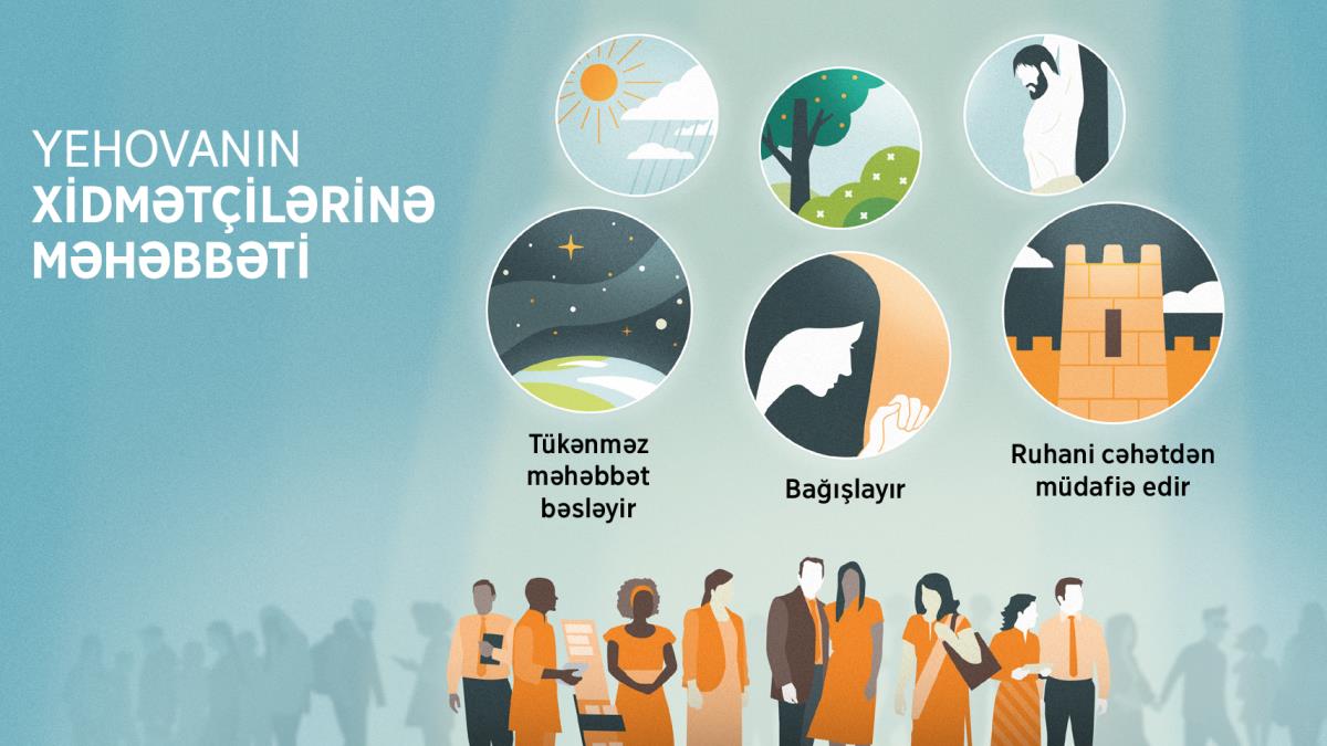 Yehovanın xidmətçiləri bu dünyanın insanlarının ortasında göstərilib. Şəkillər: Yehovanın məhəbbətinin təzahürü. 1) Məhəbbətinin tükənməz olduğu ulduzlarla əhatə olunmuş Yer kürəsi ilə təsvir edilib. 2) Bağışlayan olması bacının dua etməsi ilə göstərilib. 3) Ruhani cəhətdən müdafiə etməsi, şəhərin divarları ilə təsvir edilib. Arxa planda Yehovanın bütün insanlara məhəbbətinin necə ifadə olunduğu təsvir olunub. 4) Günəş işığı və yağış. 5) Güllər, bitkilər və ağaclar. 6) Fidyədən faydalanmaq imkanı.