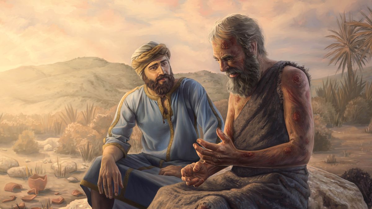 Əyyubun bütün bədəni irin verib, Əlihu onu şəfqətlə dinləyir.