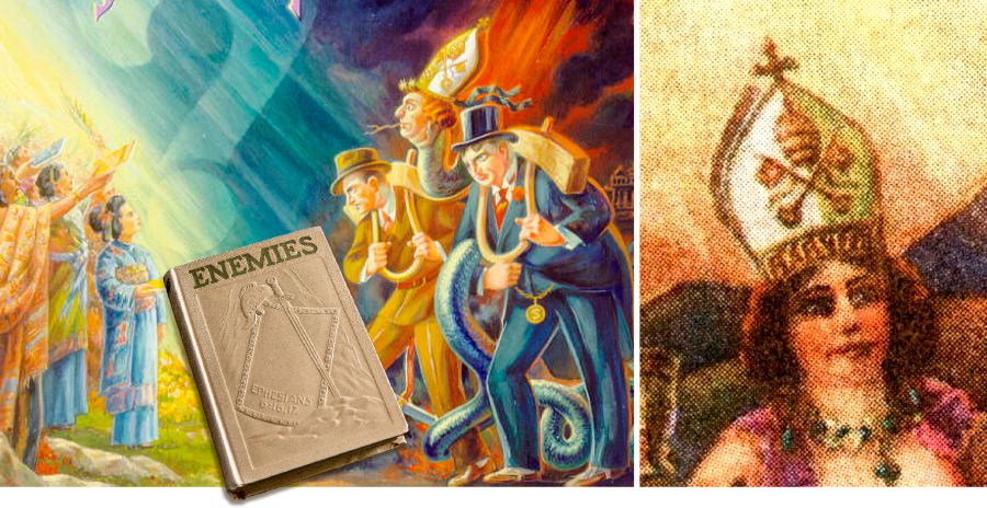 Başında «papa»nın baş geyimi olan qıvrılan ilan və sərxoş fahişənin karikaturası