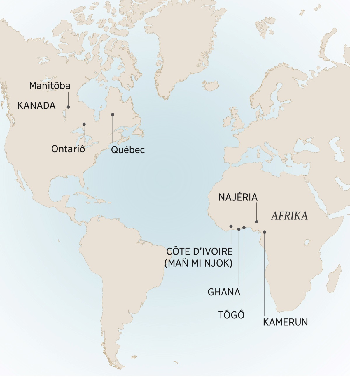 Titii i nkoñ i i ñunda ngim bahoma i het André a bi niñ tole a bi gwel nson: Manitôba, Ontariô, ni Québec i Kanada; Kamerun, Côte d’Ivoir (Mañ mi Njok), Ghana, Najéria, ni Tôgô, i Afrika.