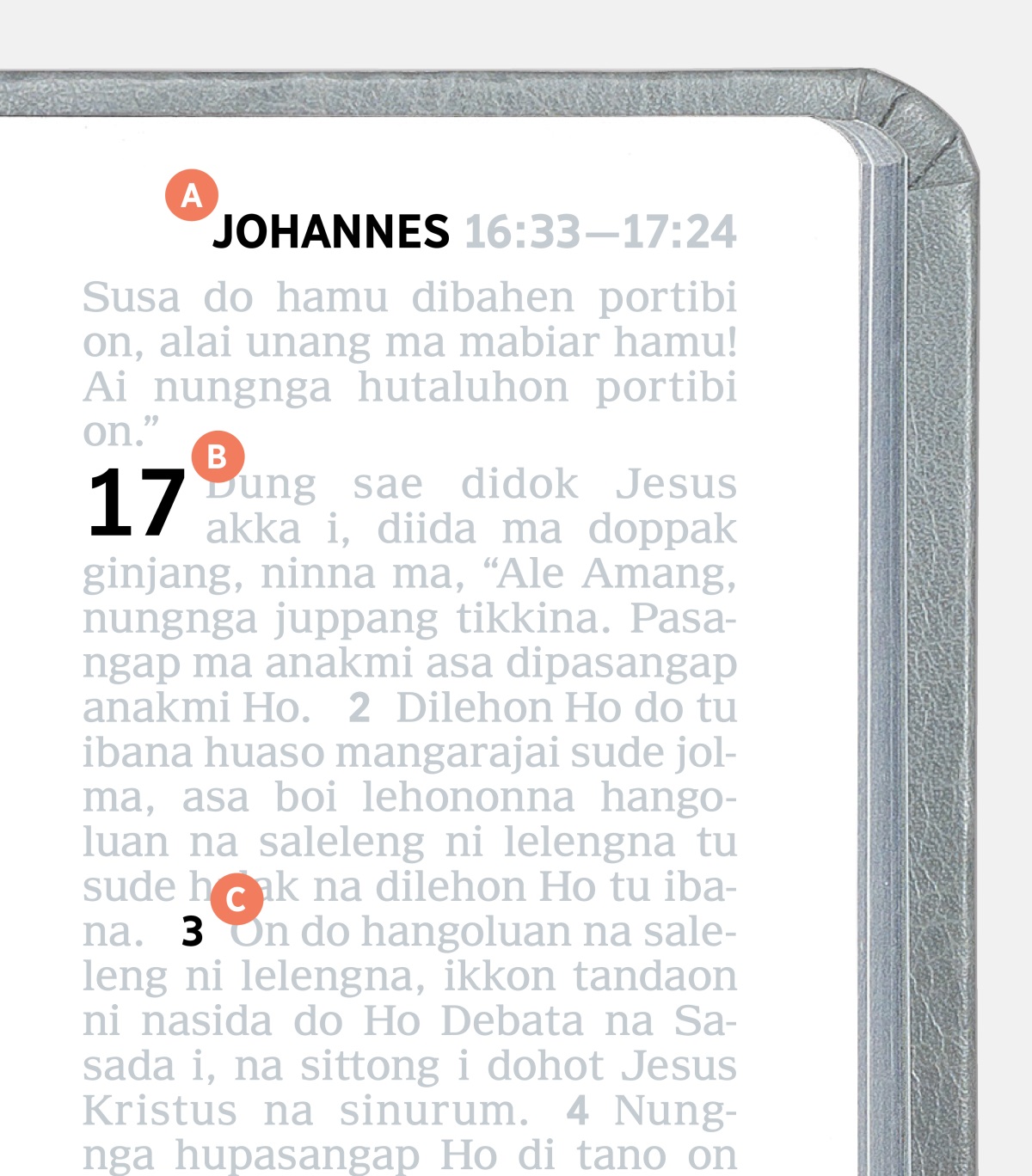 Label na patuduhon huruf A, B, dohot C di Bibel.