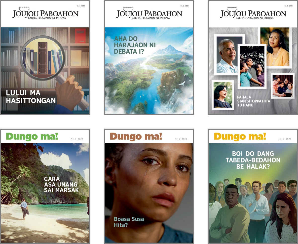 Gambar: Sampul ni ‘Joujou Paboahon’ dohot ‘Dungo ma!’ 2020. 1. ‘Lului ma Hasittongan.’ 2. ‘Aha do Harajaon ni Debata i?’ 3. ‘Pahala sian Sitoppa Hita tu Hamu.’ 4. ‘Cara Asa Unang Sai Marsak.’ 5. ‘Boasa Susa Hita?’ 6. ‘Boi do Dang Tabeda-bedahon be Halak?’