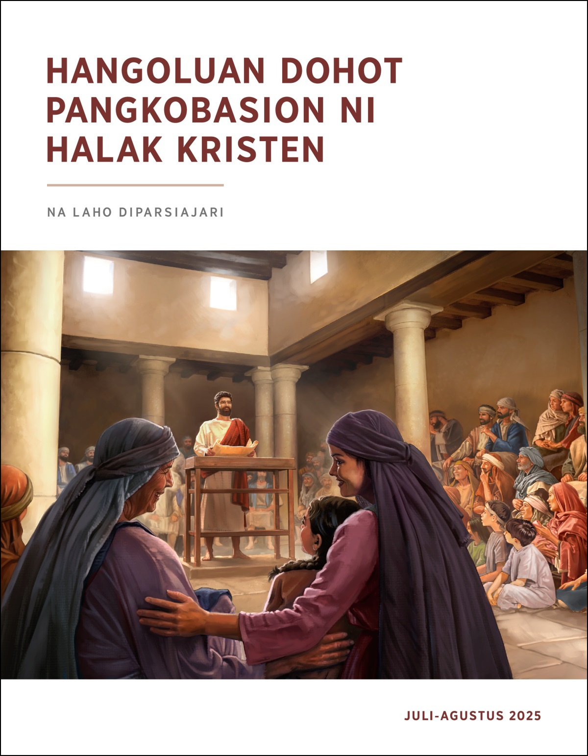 Jesus mangajari akka halak di sinagoga, adong gulungan na tarbukka ditiop ibana. Denggan do akka bawa, borua, dohot dakdanak manangihon Jesus mangajari.