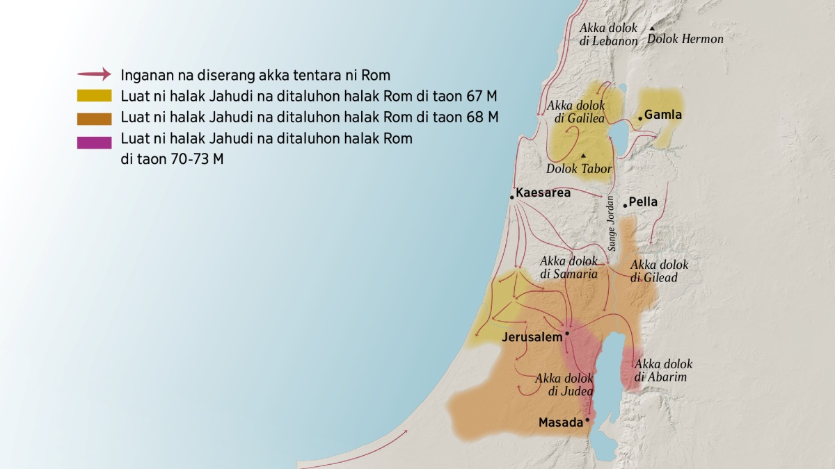 Peta na patuduhon piga-piga dolok dohot akka kota di Israel tikki di abad na parjolo. Di sabola utara ni Jerusalem, adong akka dolok di Lebanon, Galilea, Samaria, dohot Gilead, jala disi do tong Dolok Hermon dohot Dolok Tabor. Akka kota di sabola utara ni Jerusalem, i ma Gamla, Kaesarea, dohot Pella. Di sabola selatan ni Jerusalem, adong akka dolok di Judea dohot Abarim, jala disi do tong Kota Masada. Di peta on pe dipatudu do dalan na dilewati akka tentara ni Rom dohot akka luat ni halak Jahudi na ditaluhon nasida mulai sian taon 67 M sahat tu 73 M.