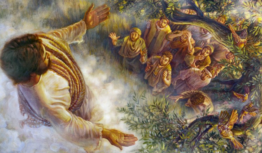 Si Jesus na pasakat sa langit mantang nakamasid saiya an mga apostol.