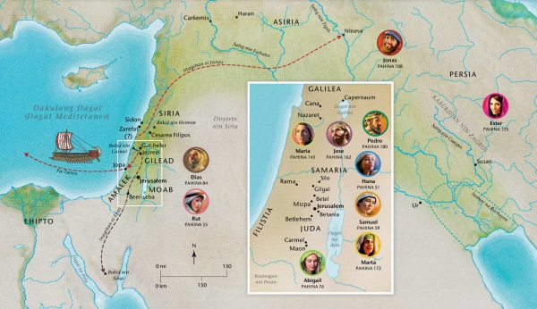 Mapa kan mga lugar sa Bibliya na konektado ki Hana, Samuel, Abigail, Elias, Maria asin Jose, Jesus, Marta, asin Pedro