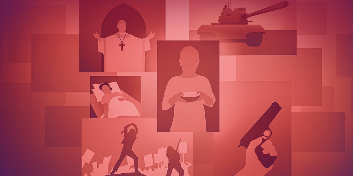 Collage: Mga pangyayari na tanda “kan huring mga aldaw.” 1. Sarong klerigo. 2. Sarong tangke nin militar. 3. Sarong may hilang na nakahigda. 4. Sarong gutom na aki na kapot an sarong mangko na mayong laog. 5. Anggot na mga tawo na nagrarayot. 6. Sarong tawo na may kapot na badil.