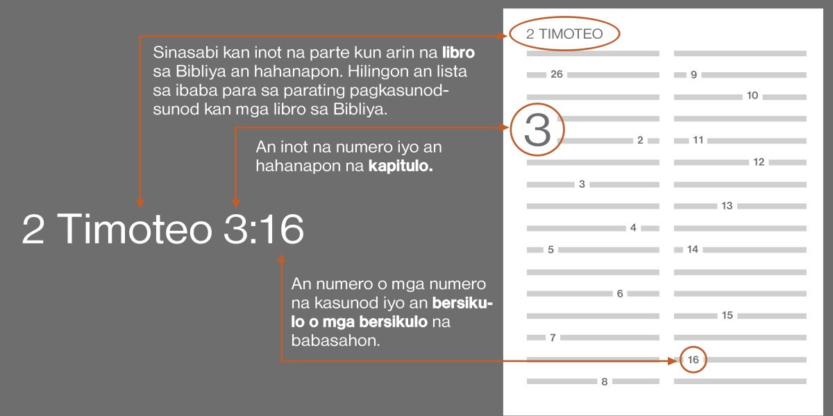 Kun paano mahanap nin mga teksto sa Bibliya na ginagamit bilang halimbawa an 2 Timoteo 3:16. Sinasabi kan inot na parte kun arin na libro sa Bibliya an hahanapon, arog kan 2 Timoteo, sa halimbawang ini (hilingon an lista sa ibaba para sa parating pagkasunod-sunod kan mga libro sa Bibliya). An inot na numero iyo an hahanapon na kapitulo, arog kan kapitulo 3. An numero o mga numero na kasunod iyo an bersikulo o mga bersikulo na babasahon, arog kan bersikulo 16. 