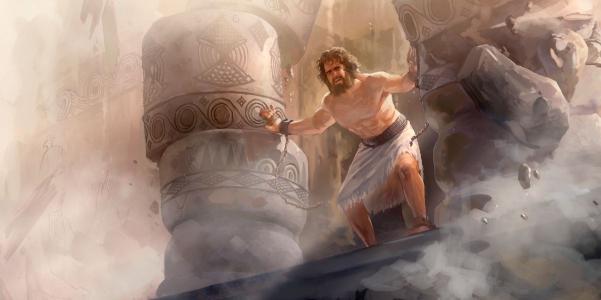 Si Samson na itinutulak an mga harigi kan templo ni Dagon kaya nagkagaraba ini