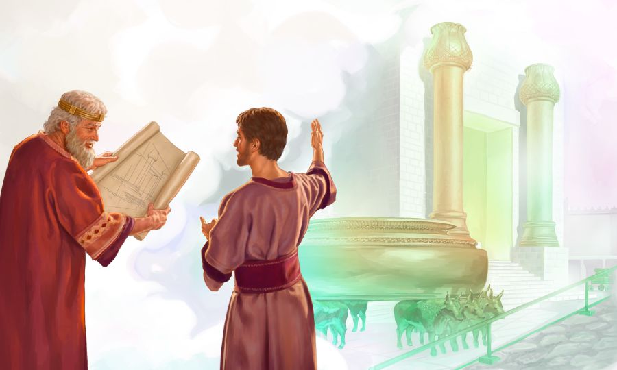 Si David na nakikipag-ulay sa hoben na si Solomon manungod sa mga plano para sa pagtugdok kan templo