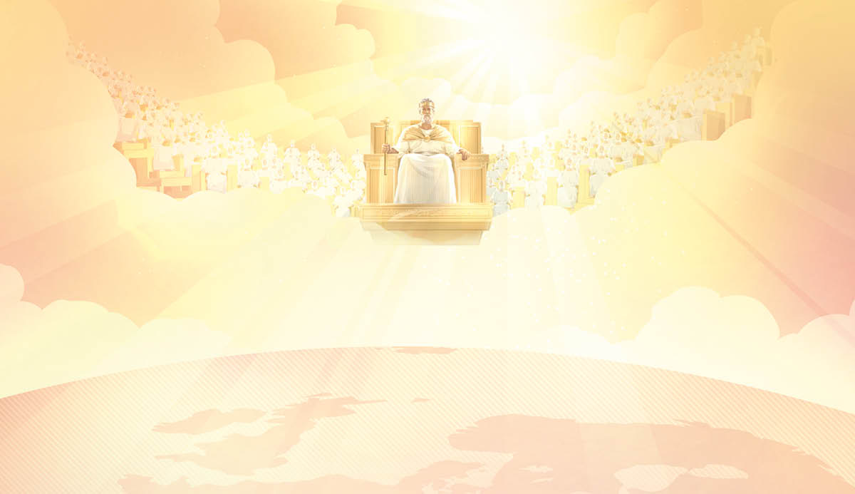 Si Jesu-Cristo na nakatukaw sa saiyang trono sa langit asin namamahala sa bilog na daga. An kairiba niyang mga tagapamahala nakatukaw sa may likudan niya. Yaon sa likod ninda si Jehova na maliwanagon na marhay.