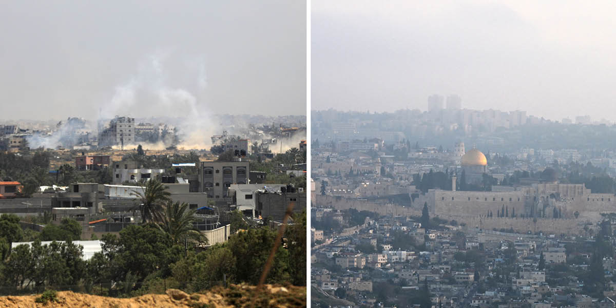 Collage: Panorama kan mga lugar na apektado kan giyera sa Middle East. 1. Mga pagsabog sa sarong banwa sa Gaza Strip. 2. An Jerusalem pagkatapos nin pag-atake nin missile.