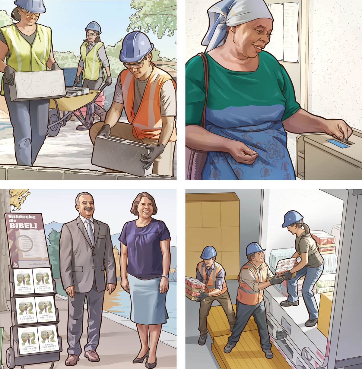 Collage: Mga paagi nin pagsasakripisyo. 1. Mga brother asin sister na nagtatabang sa pagtugdok nin Kingdom Hall. 2. Sarong may edad na sister na naghuhulog nin donasyon sa kahon nin kontribusyon. 3. Sarong mag-agom na nagka-cart witnessing. 4. Mga brother saka sister na nagtatabang sa pag-ayuda.