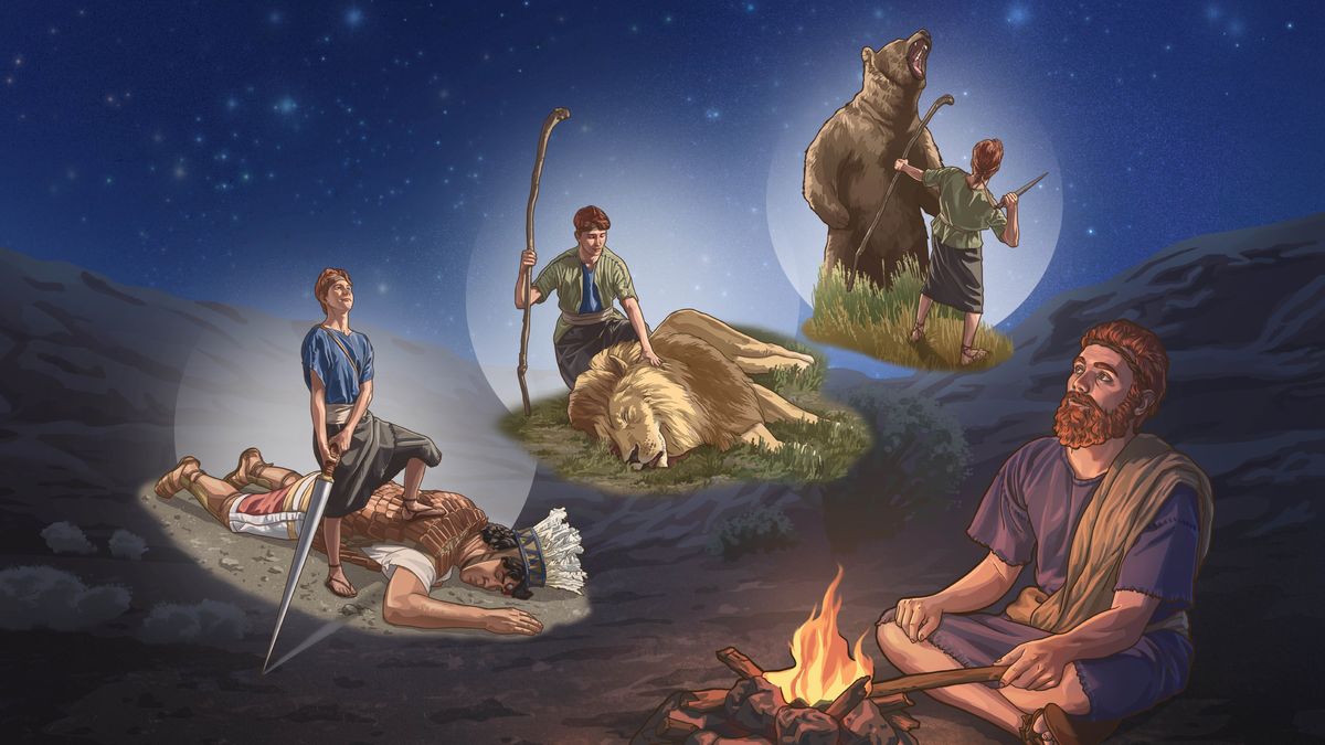 Collage: Si David na nakatukaw sa atubangan kan sarong campfire asin hinuhurop-hurop an mga ginibo ni Jehova para tabangan siya. 1. Linalabanan niya an sarong oso. 2. Nakaluhod siya sa may gadan na leon. 3. May kapot siyang espada asin nakatungtong siya ki Goliat na nakalaob sa daga.