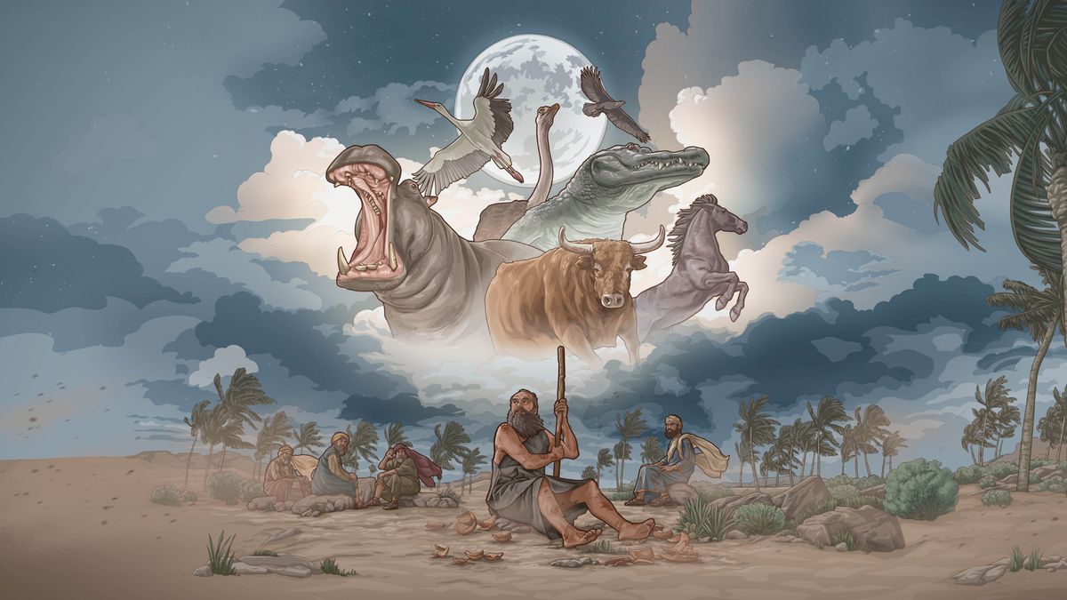 Si Job na hinuhurop-hurop an pira sa makangangalas na mga hayop na linalang ni Jehova, kaiba na an hipopotamo, sigwenya, ostrits, buaya, agila, kabayo, asin layas na toro. May makusugon na duros, asin si Elihu saka an tulong bakong tunay na mga pararanga nakatukaw sa harani.